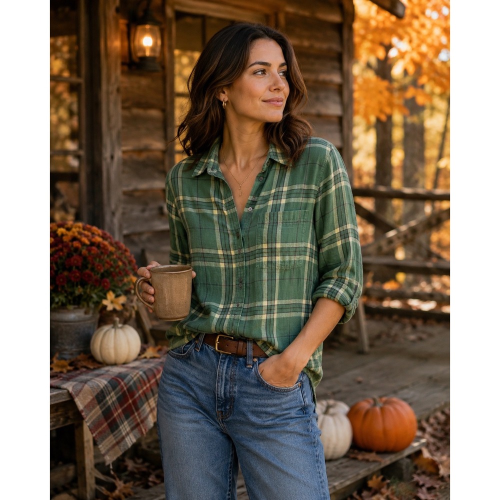 Eddie Bauer Shirt Plaid Green Cotton Casual Button Down Medium